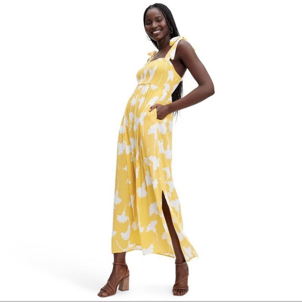 DVF Diane Von Furstenberg Target Smocked Tie Strap Yellow Ginkgo Midi Size L